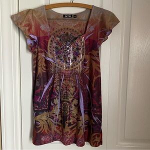 Apt. 9 Colorful Patterned Embellished Flutter Sleeve Blouse S Fairy Grunge Boho